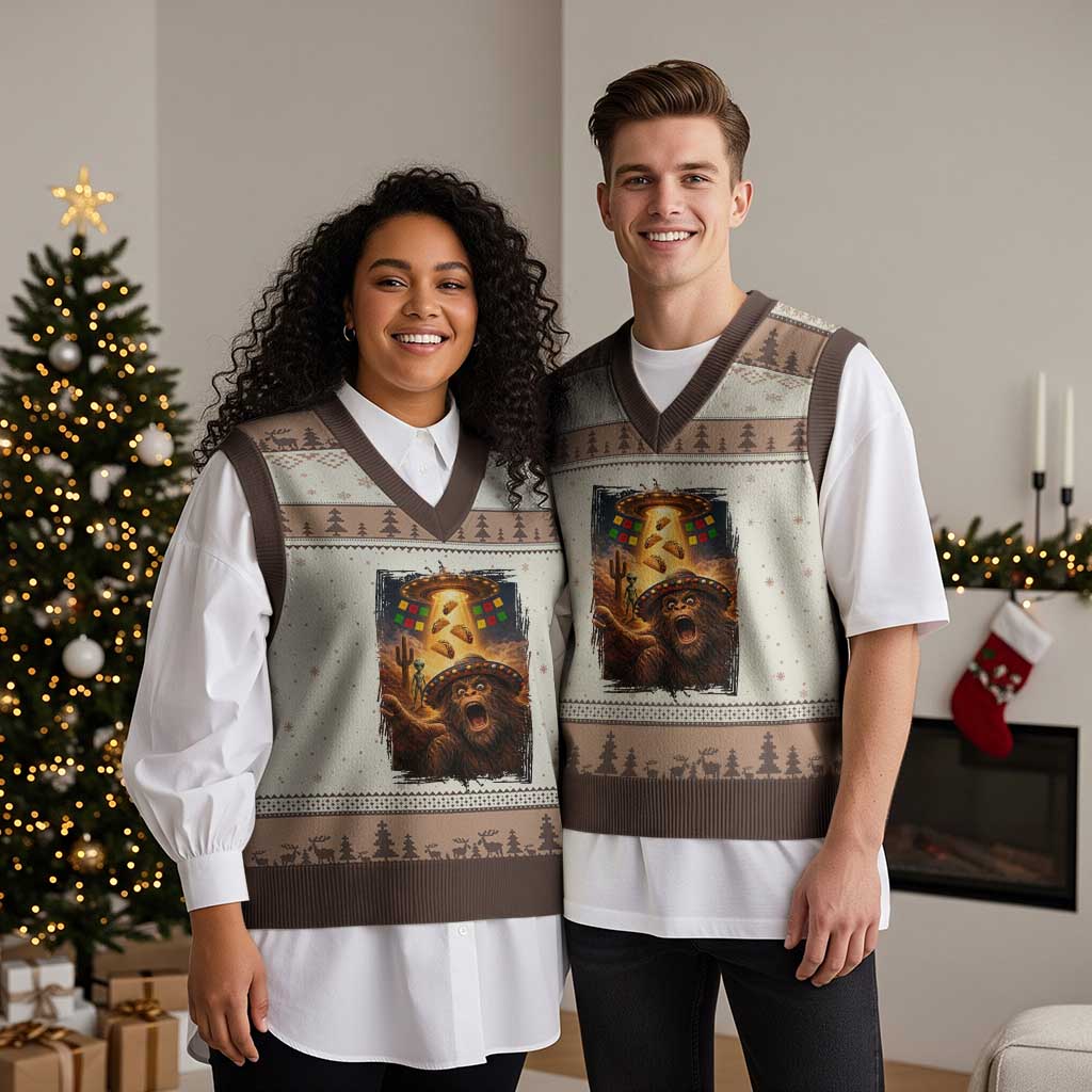 Funny Bigfoot Alien Selfie V-Neck Knit Sweater Vest Cinco De Mayo Party Gift TS12 Mocha Mousse Print Your Wear