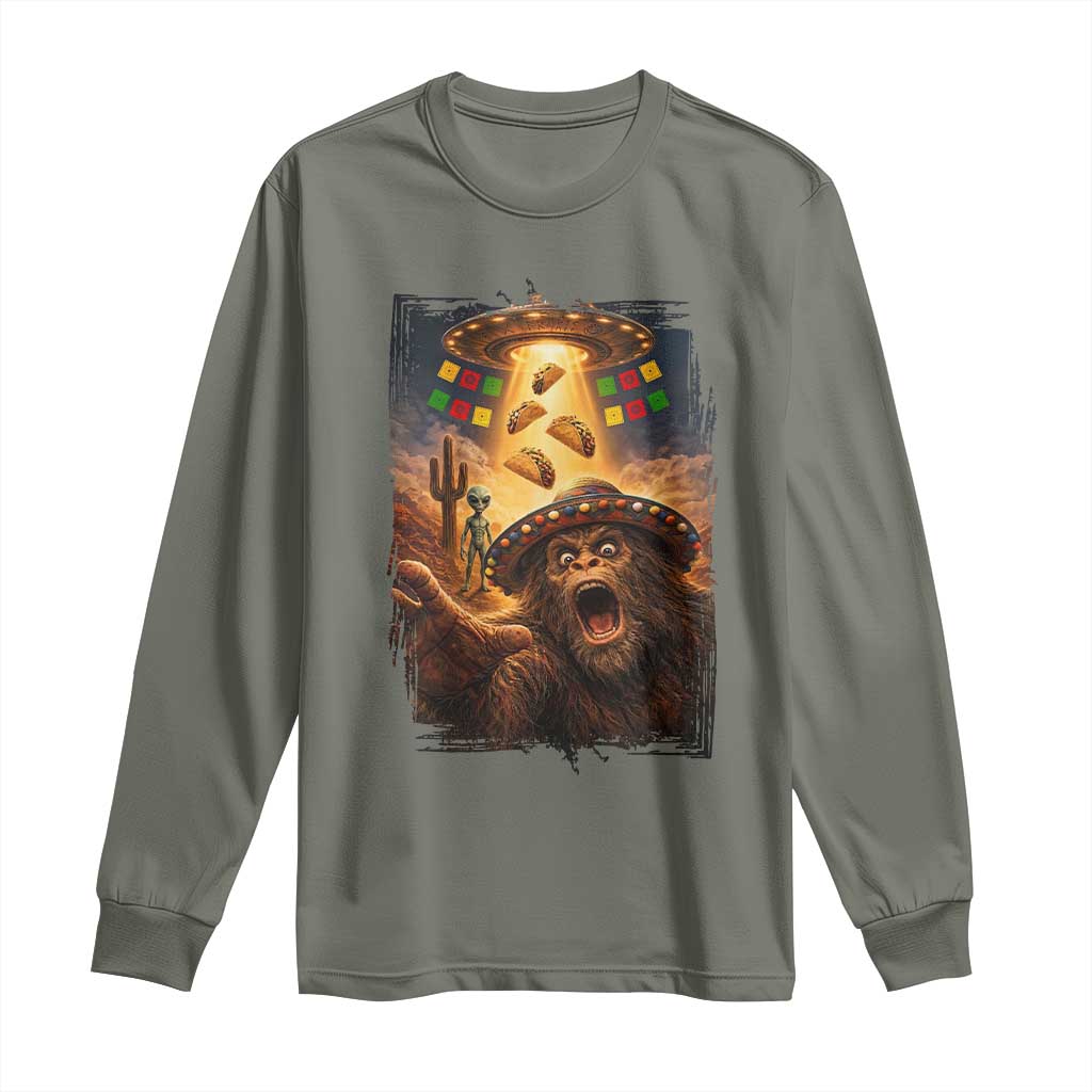 Funny Bigfoot Alien Selfie Long Sleeve Shirt Cinco De Mayo Party Gift TS12 Military Green Print Your Wear