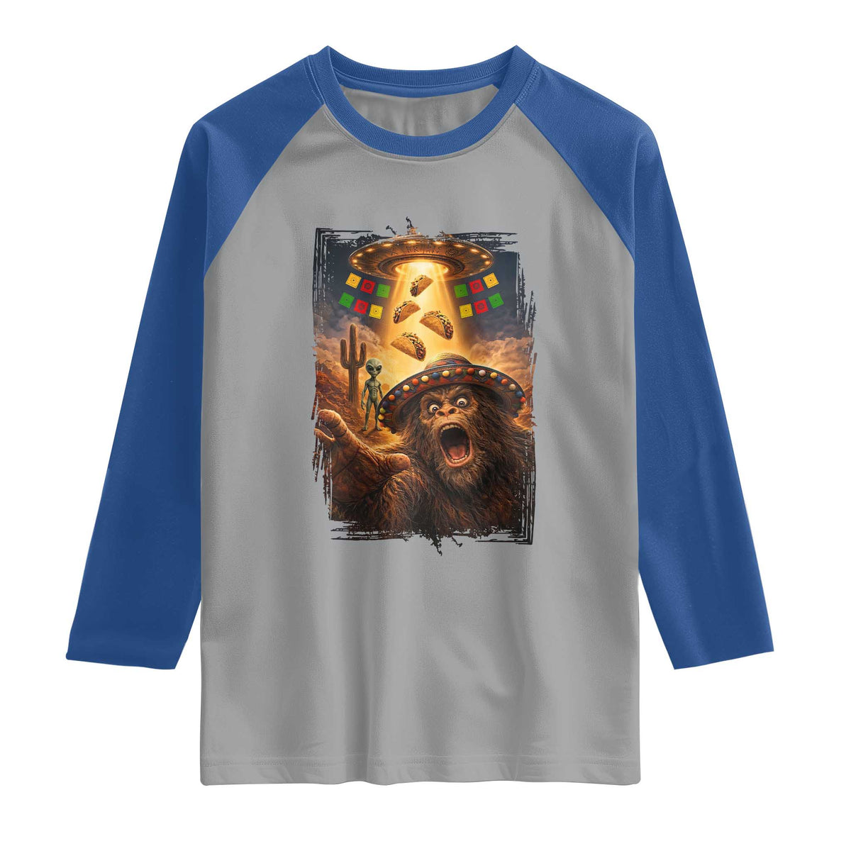 Funny Bigfoot Alien Selfie Raglan Shirt Cinco De Mayo Party Gift TS12 Sport Gray Royal Print Your Wear
