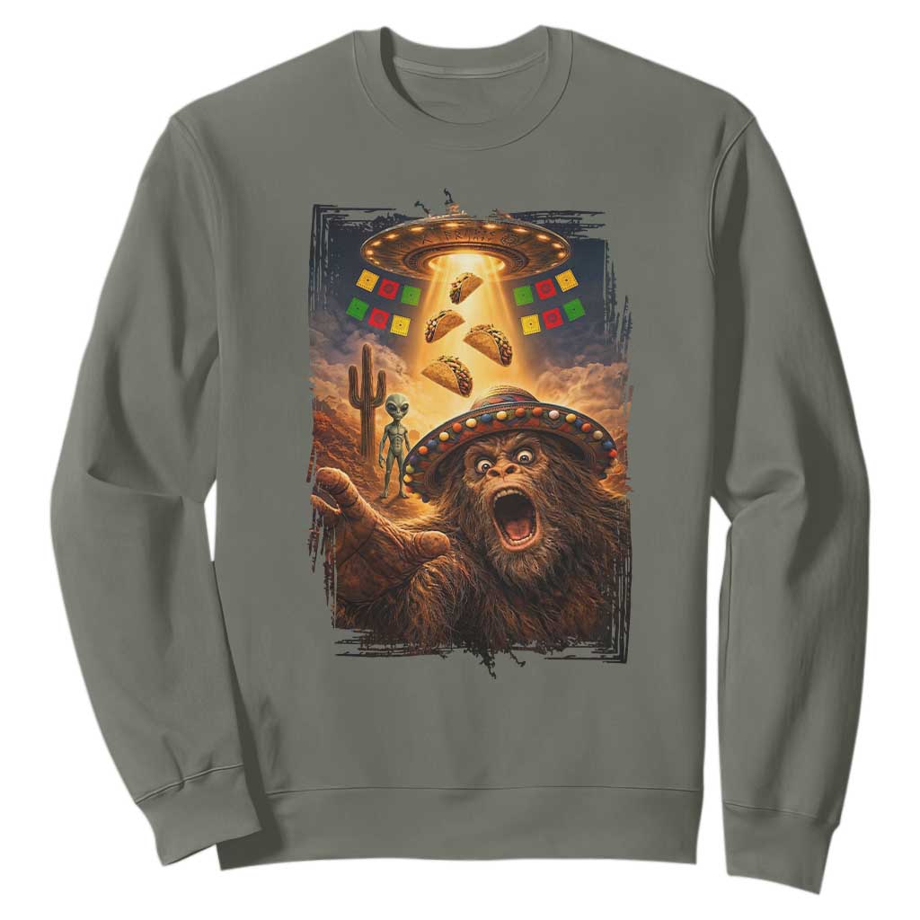 Funny Bigfoot Alien Selfie Sweatshirt Cinco De Mayo Party Gift TS12 Military Green Print Your Wear
