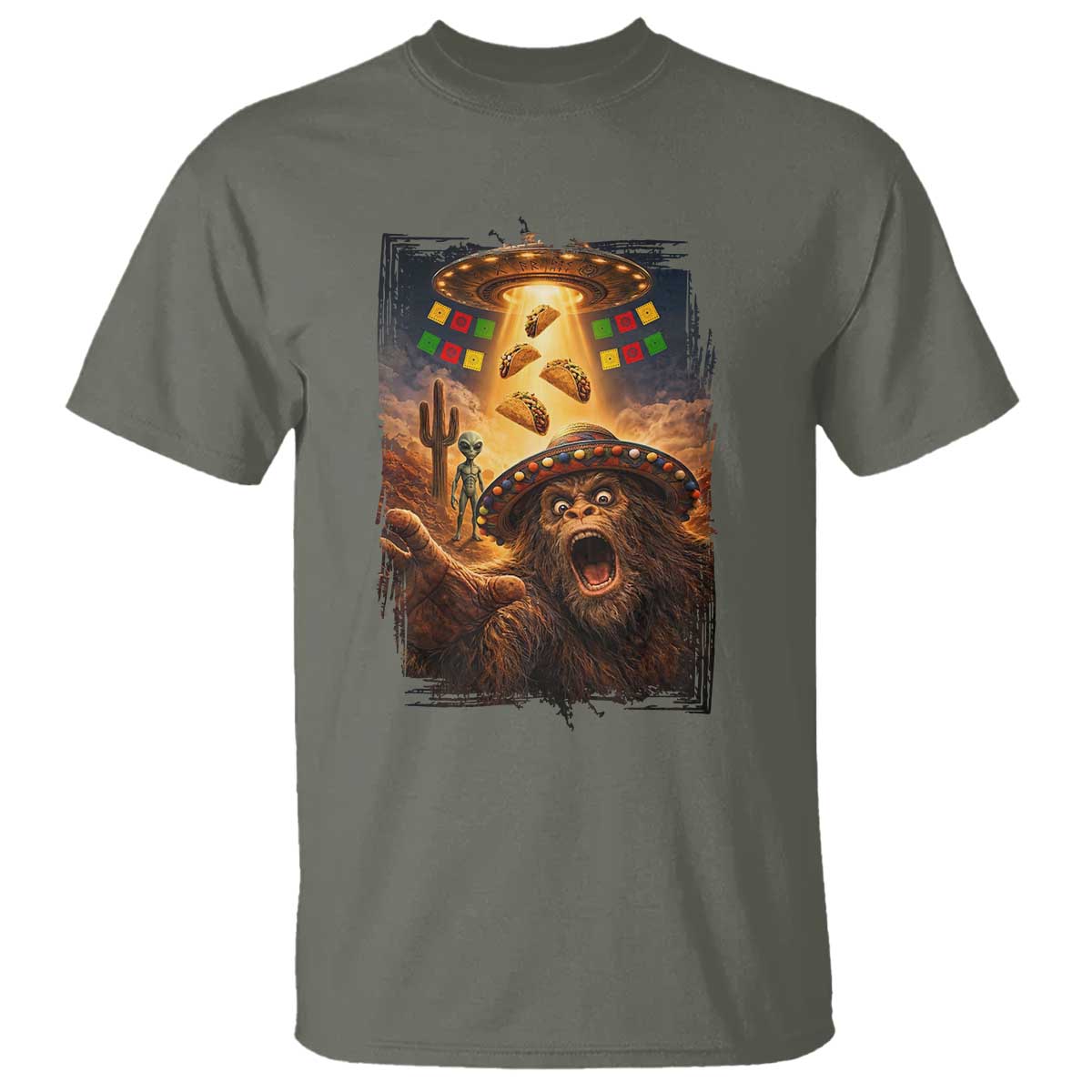 Funny Bigfoot Alien Selfie T Shirt Cinco De Mayo Party Gift TS12 Military Green Print Your Wear