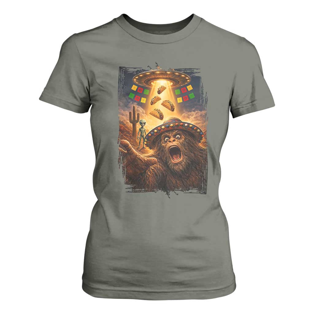 Funny Bigfoot Alien Selfie T Shirt For Women Cinco De Mayo Party Gift TS12 Military Green Print Your Wear