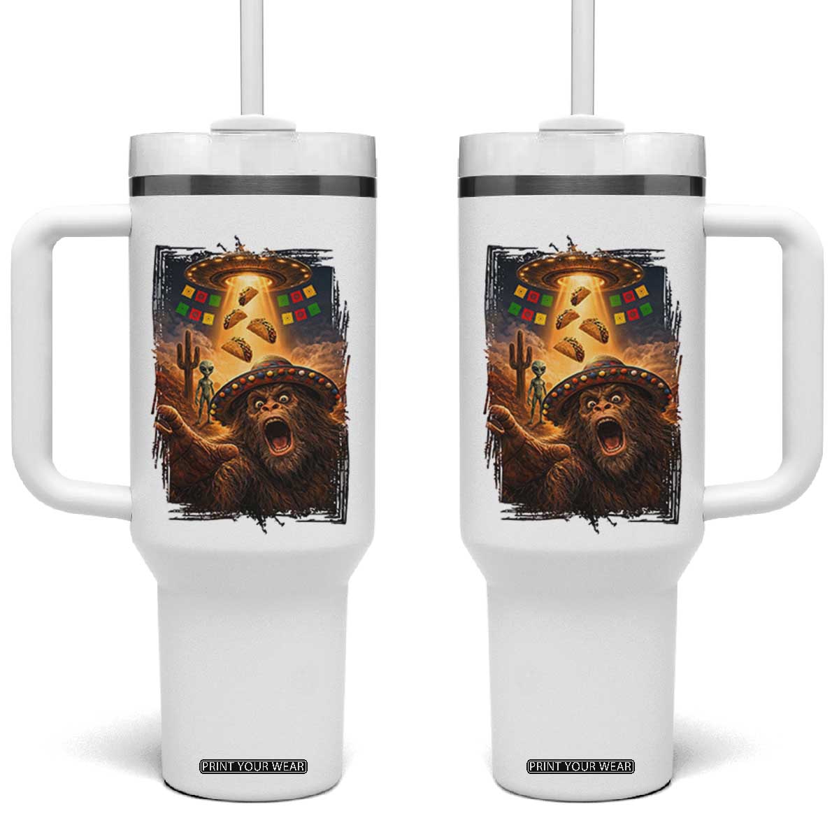 Funny Bigfoot Alien Selfie Tumbler With Handle Cinco De Mayo Party Gift TS12 One Size: 40 oz White Print Your Wear