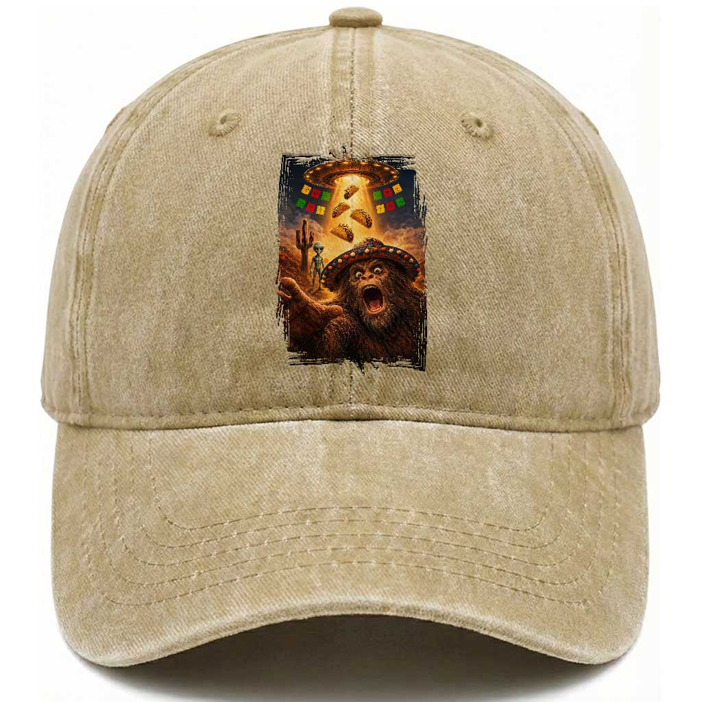 Funny Bigfoot Alien Selfie Washed Cotton Baseball Cap Cinco De Mayo Party Gift TS12 Print Your Wear