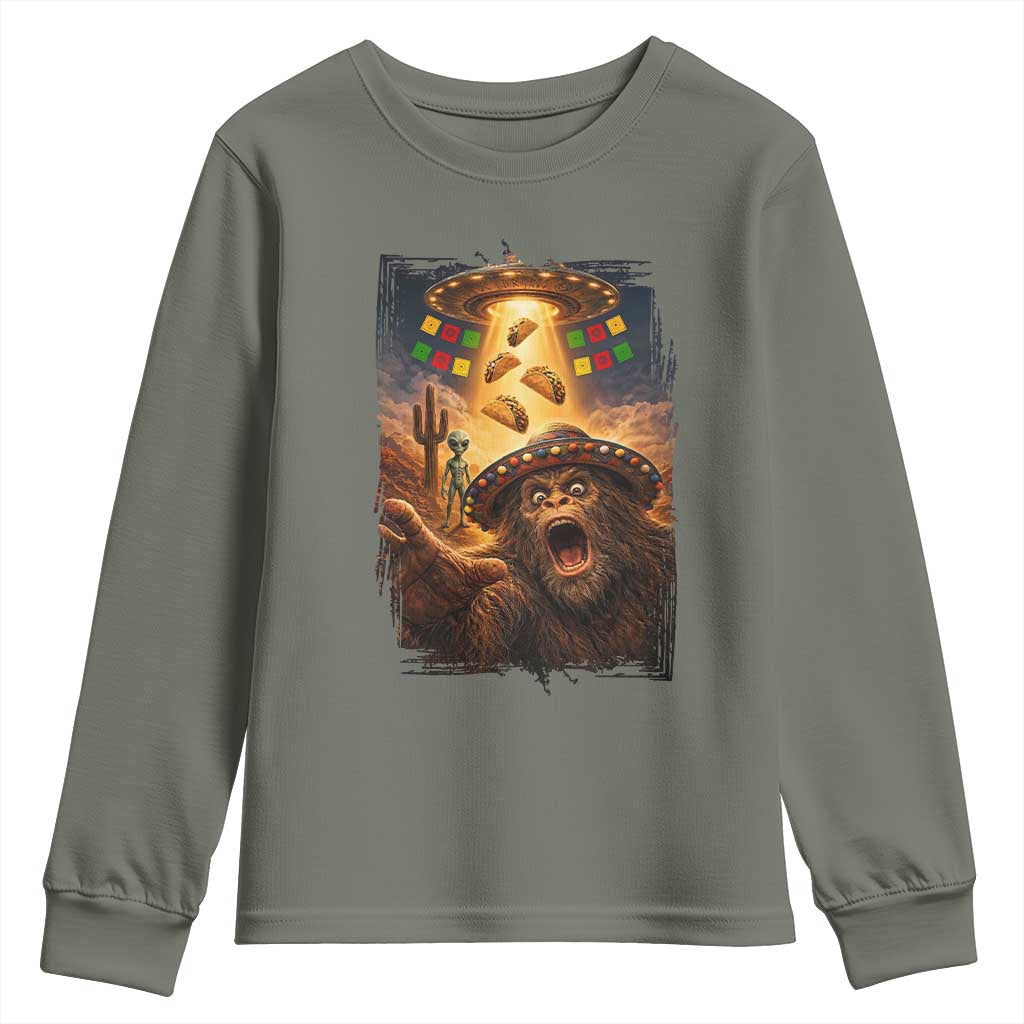 Funny Bigfoot Alien Selfie Youth Sweatshirt Cinco De Mayo Party Gift TS12 Military Green Print Your Wear