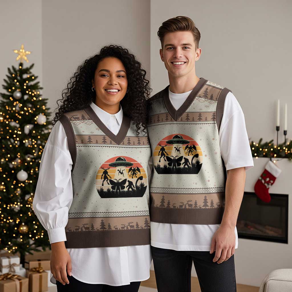 Retro Sunset Cryptid Squad V-Neck Knit Sweater Vest Cryptid Lover Gift TS12 Mocha Mousse Print Your Wear