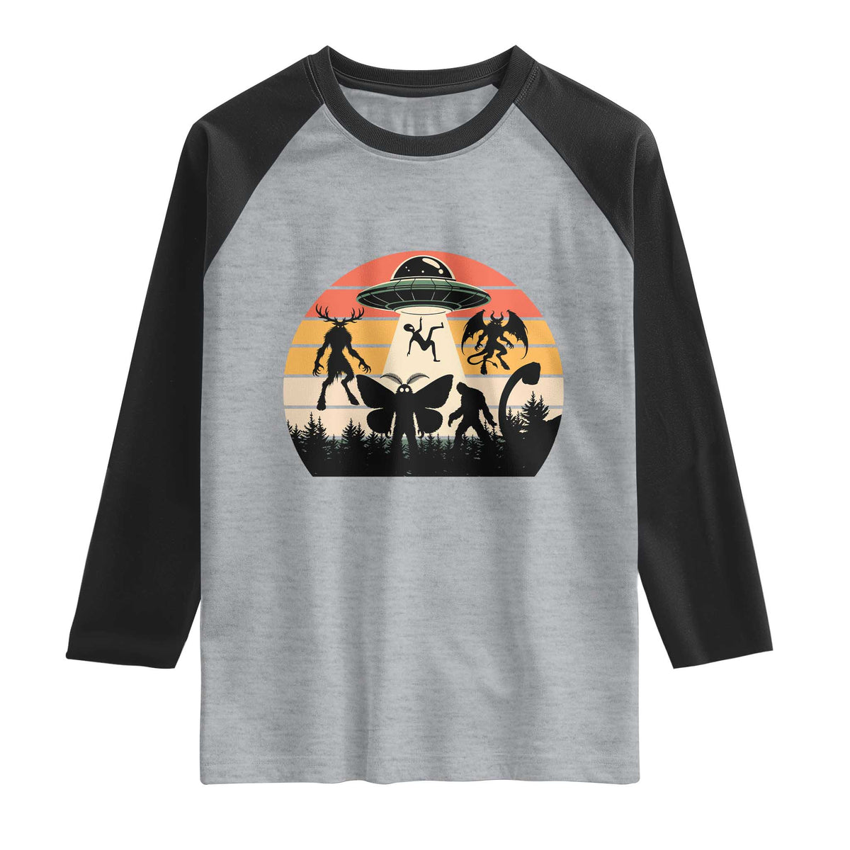 Retro Sunset Cryptid Squad Raglan Shirt Cryptid Lover Gift TS12 Heather Gray Black Print Your Wear