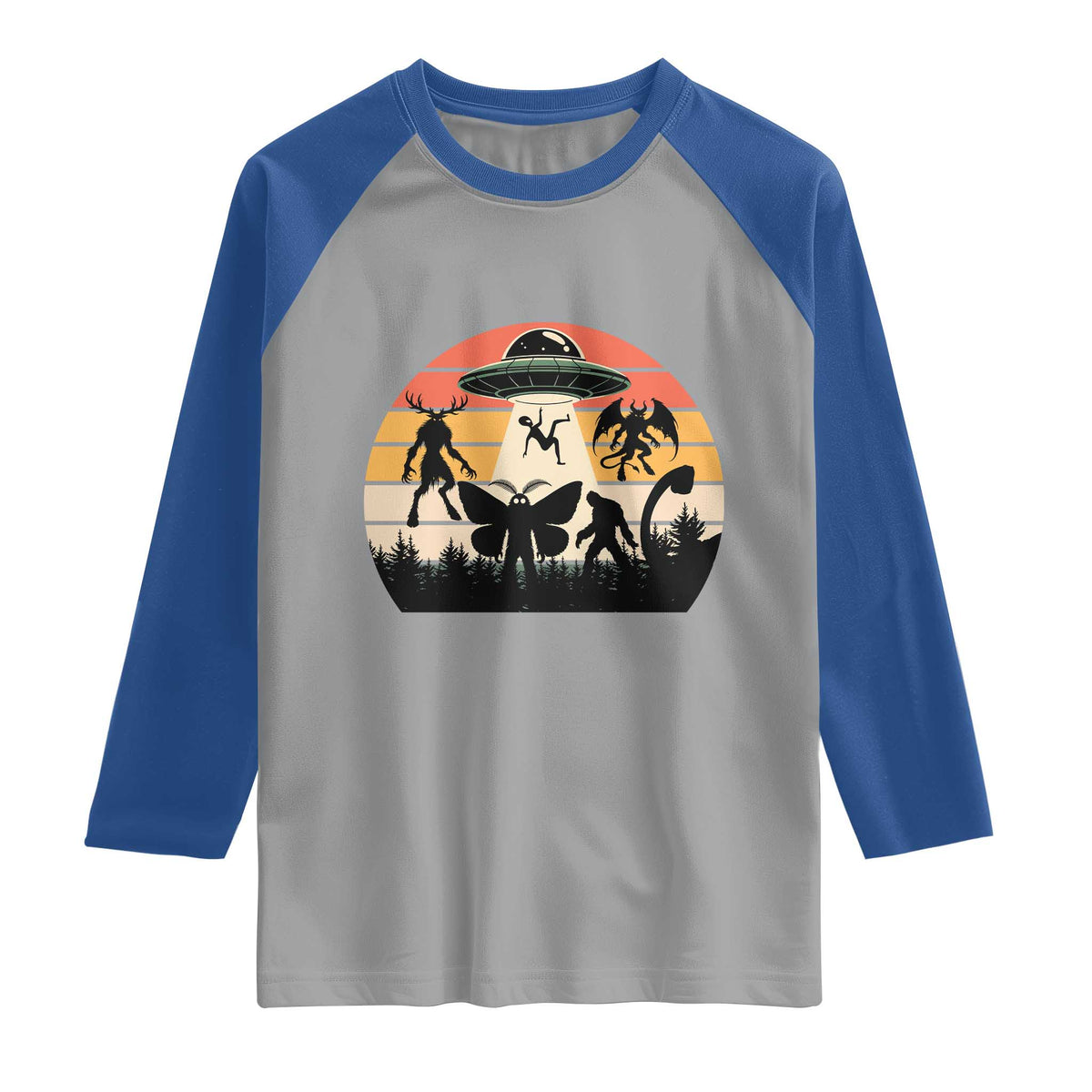 Retro Sunset Cryptid Squad Raglan Shirt Cryptid Lover Gift TS12 Sport Gray Royal Print Your Wear