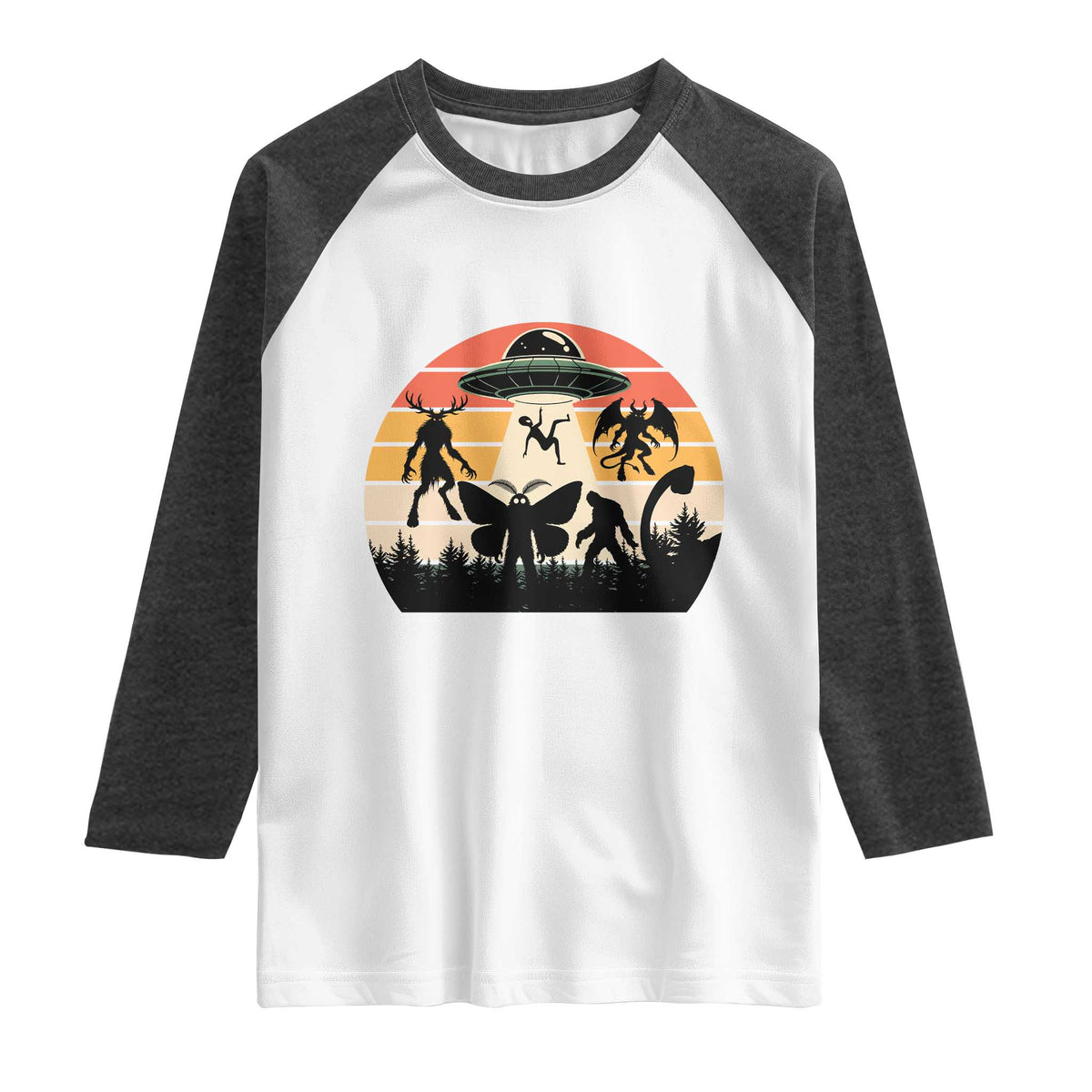 Retro Sunset Cryptid Squad Raglan Shirt Cryptid Lover Gift TS12 White Heather Charcoal Print Your Wear