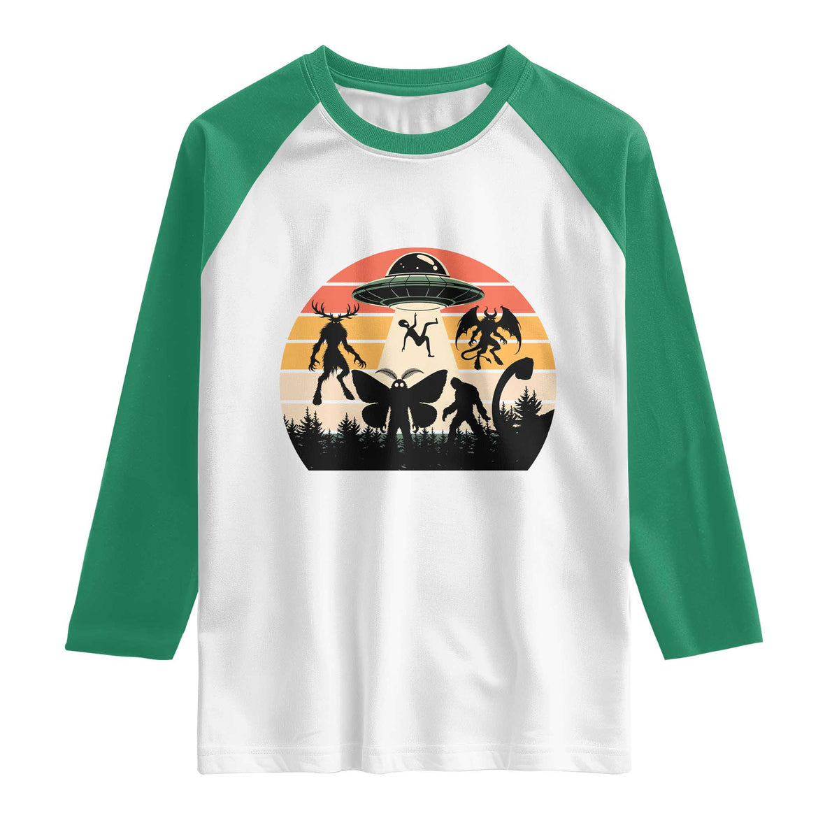 Retro Sunset Cryptid Squad Raglan Shirt Cryptid Lover Gift TS12 White Kelly Green Print Your Wear