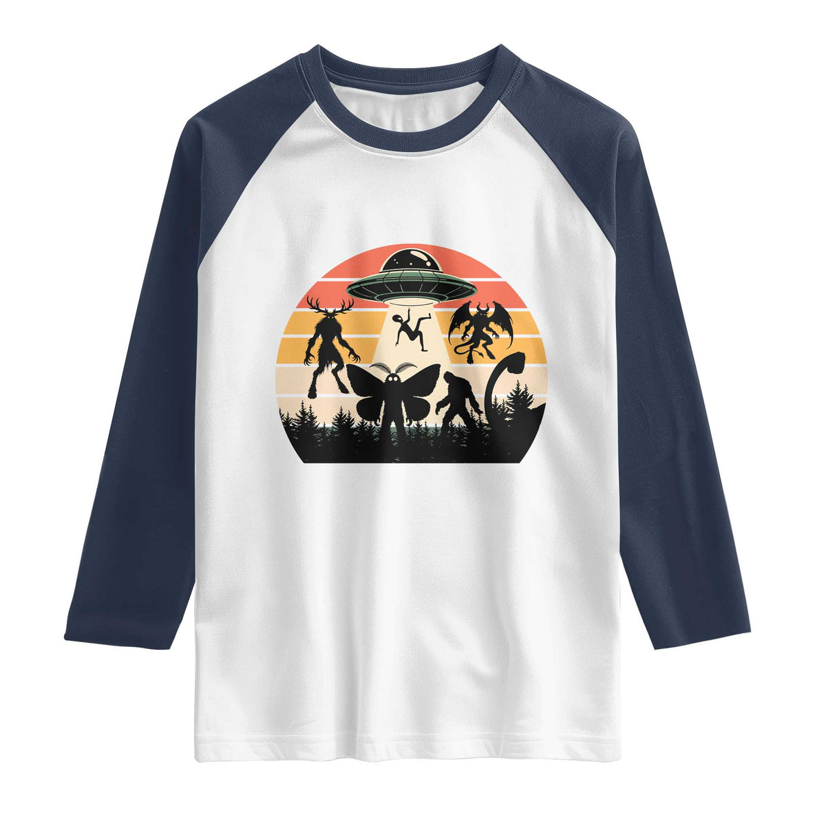 Retro Sunset Cryptid Squad Raglan Shirt Cryptid Lover Gift TS12 White Navy Print Your Wear