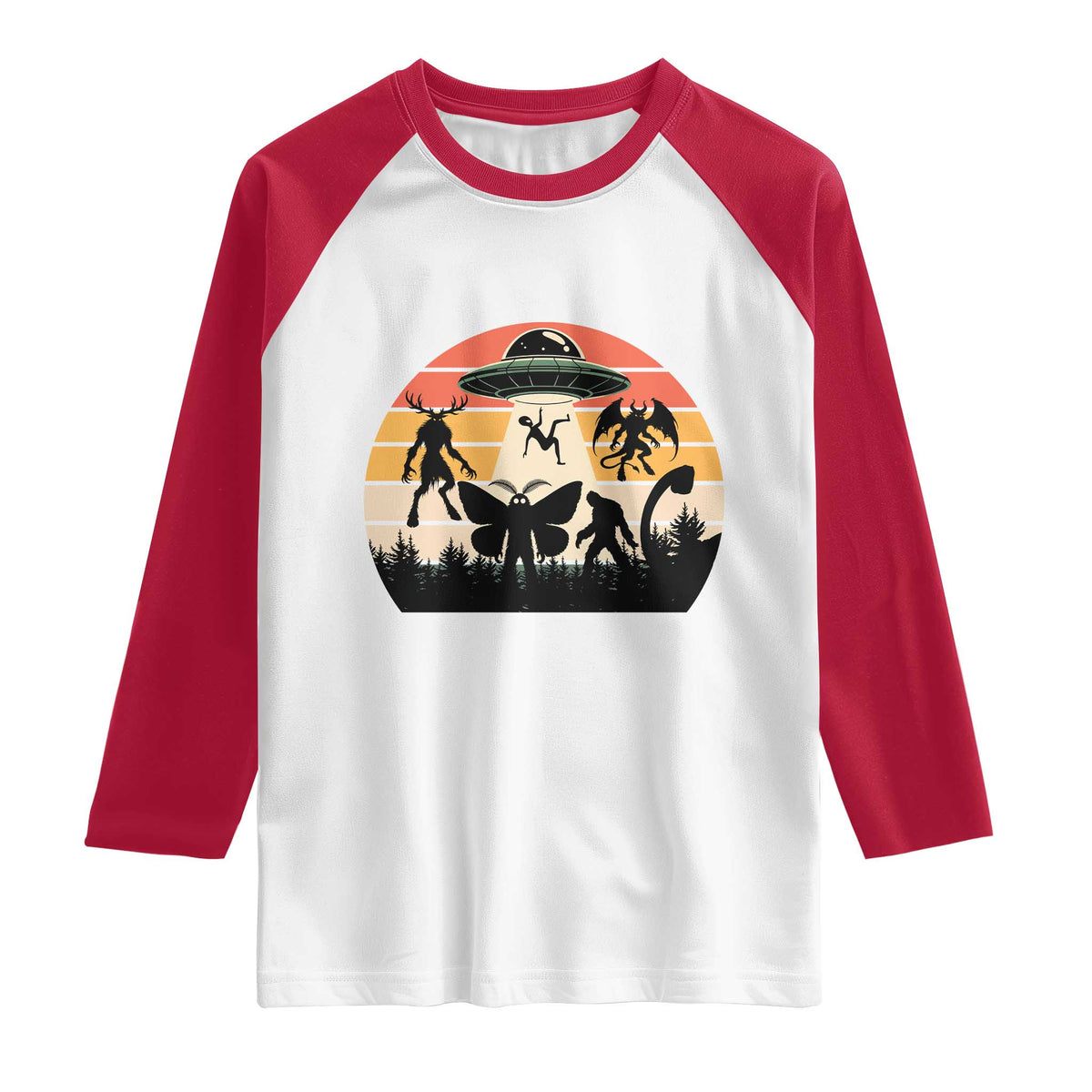 Retro Sunset Cryptid Squad Raglan Shirt Cryptid Lover Gift TS12 White Red Print Your Wear