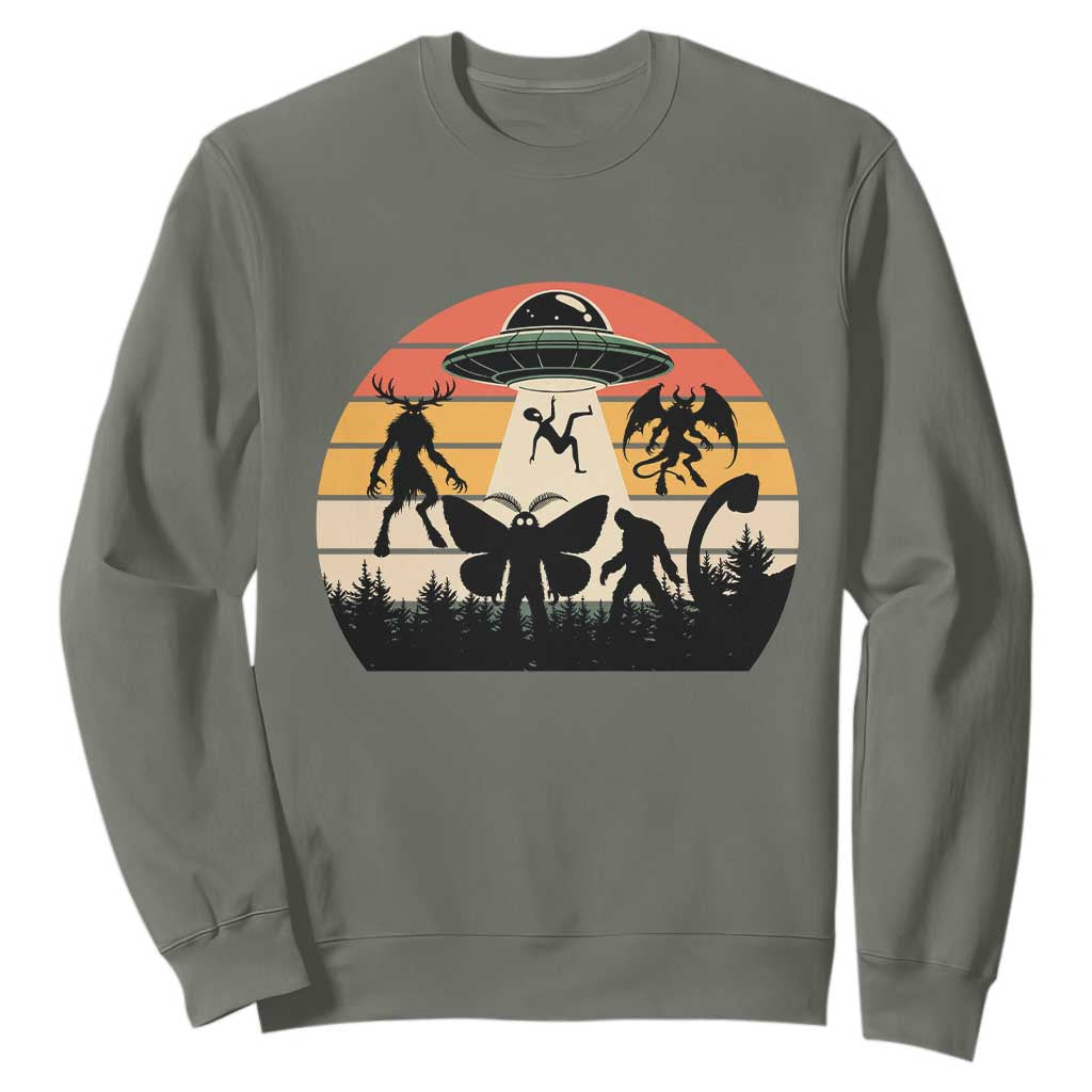 Retro Sunset Cryptid Squad Sweatshirt Cryptid Lover Gift TS12 Military Green Print Your Wear