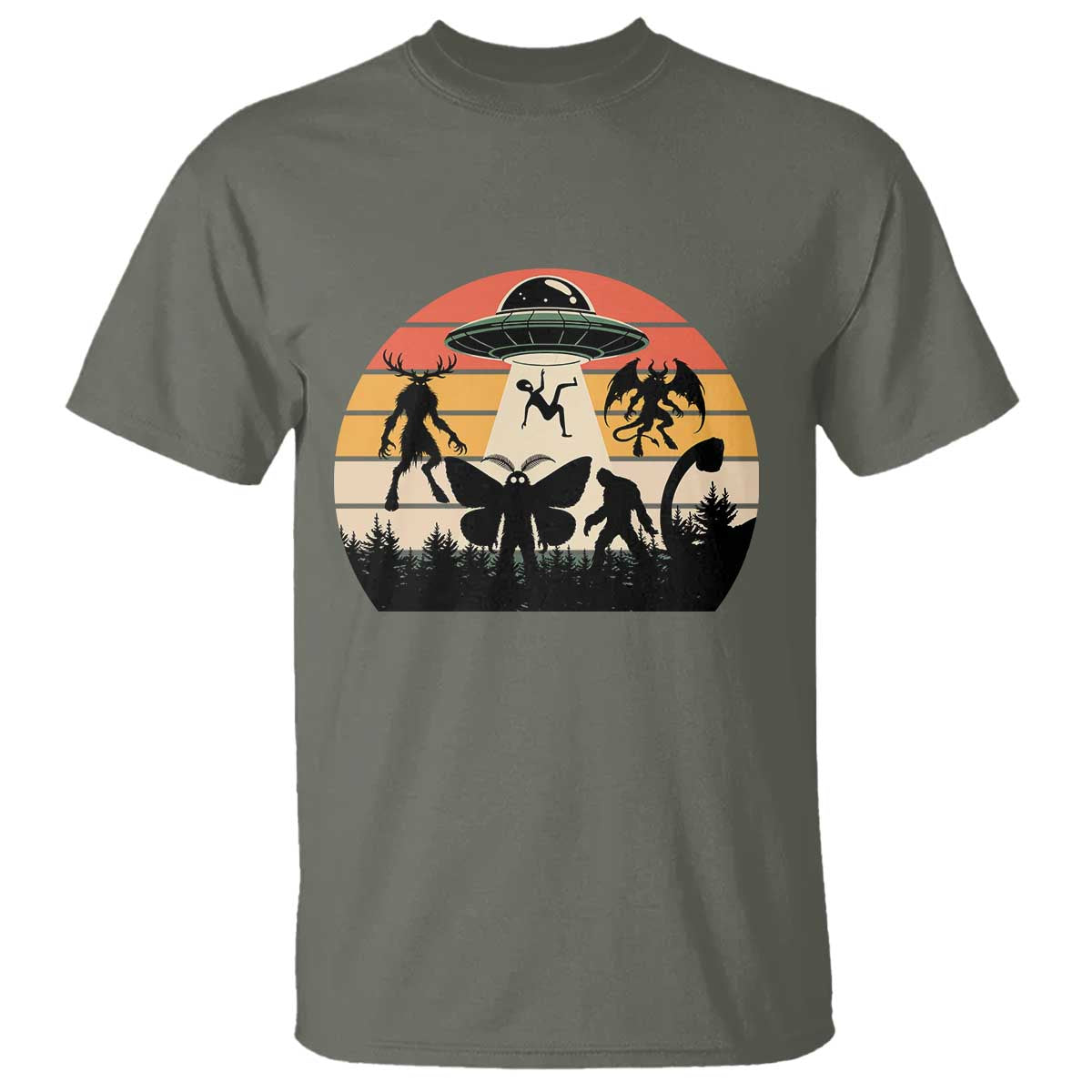 Retro Sunset Cryptid Squad T Shirt Cryptid Lover Gift TS12 Military Green Print Your Wear
