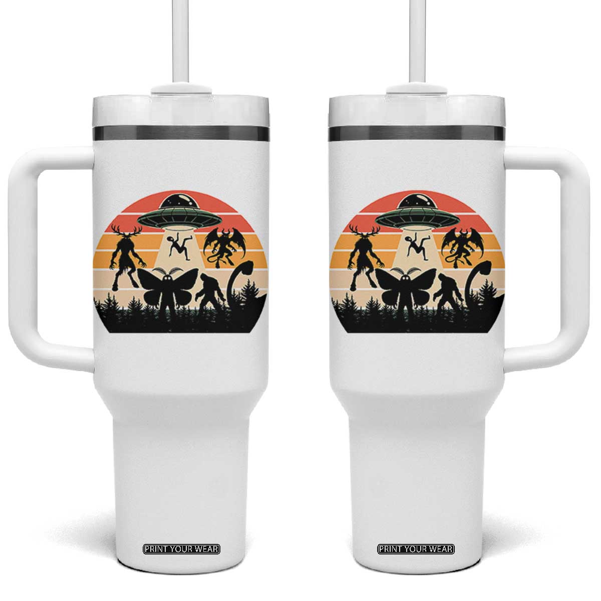Retro Sunset Cryptid Squad Tumbler With Handle Cryptid Lover Gift TS12 One Size: 40 oz White Print Your Wear