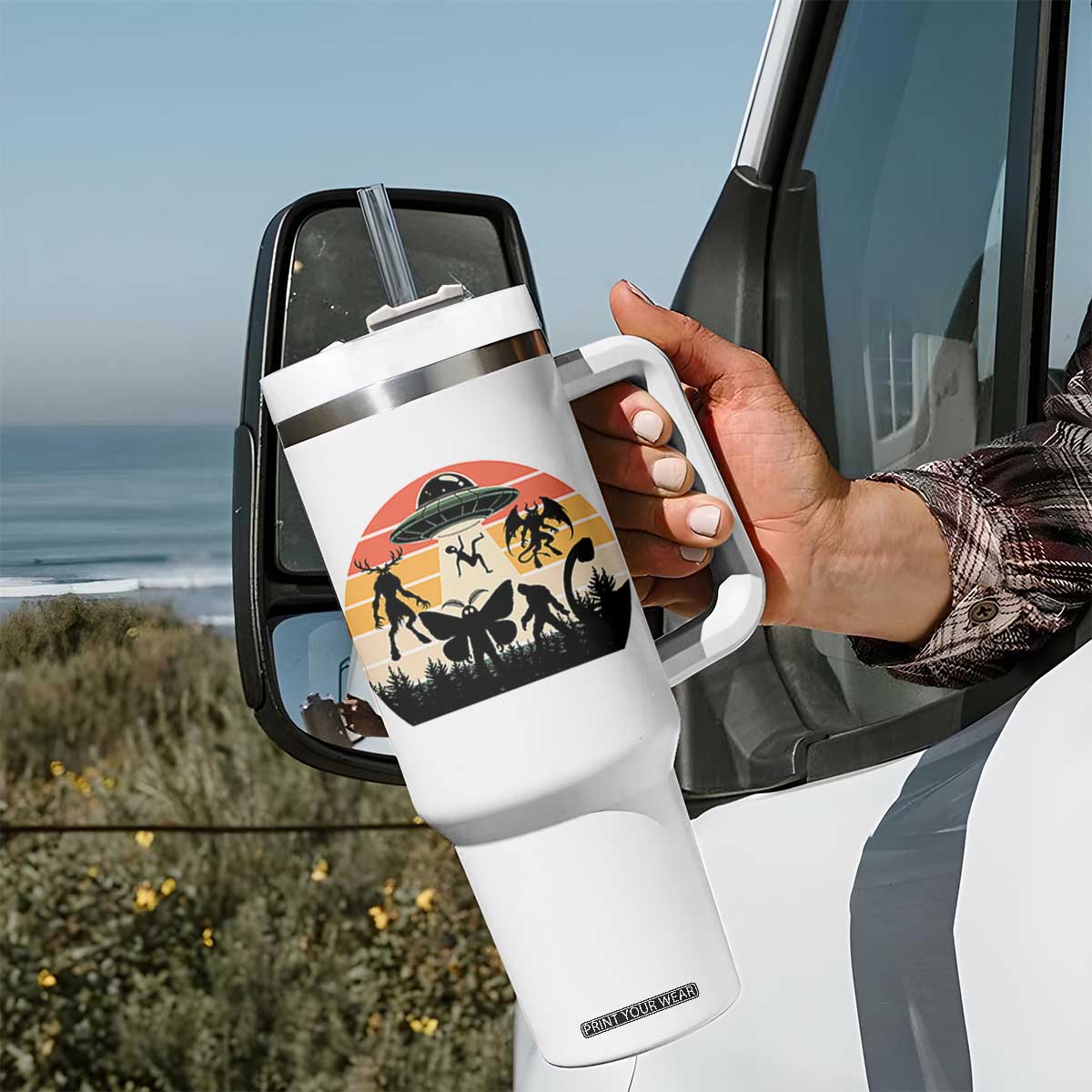 Retro Sunset Cryptid Squad Tumbler With Handle Cryptid Lover Gift TS12 Print Your Wear