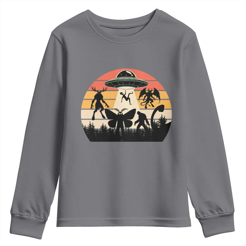 Retro Sunset Cryptid Squad Youth Sweatshirt Cryptid Lover Gift TS12 Charcoal Print Your Wear