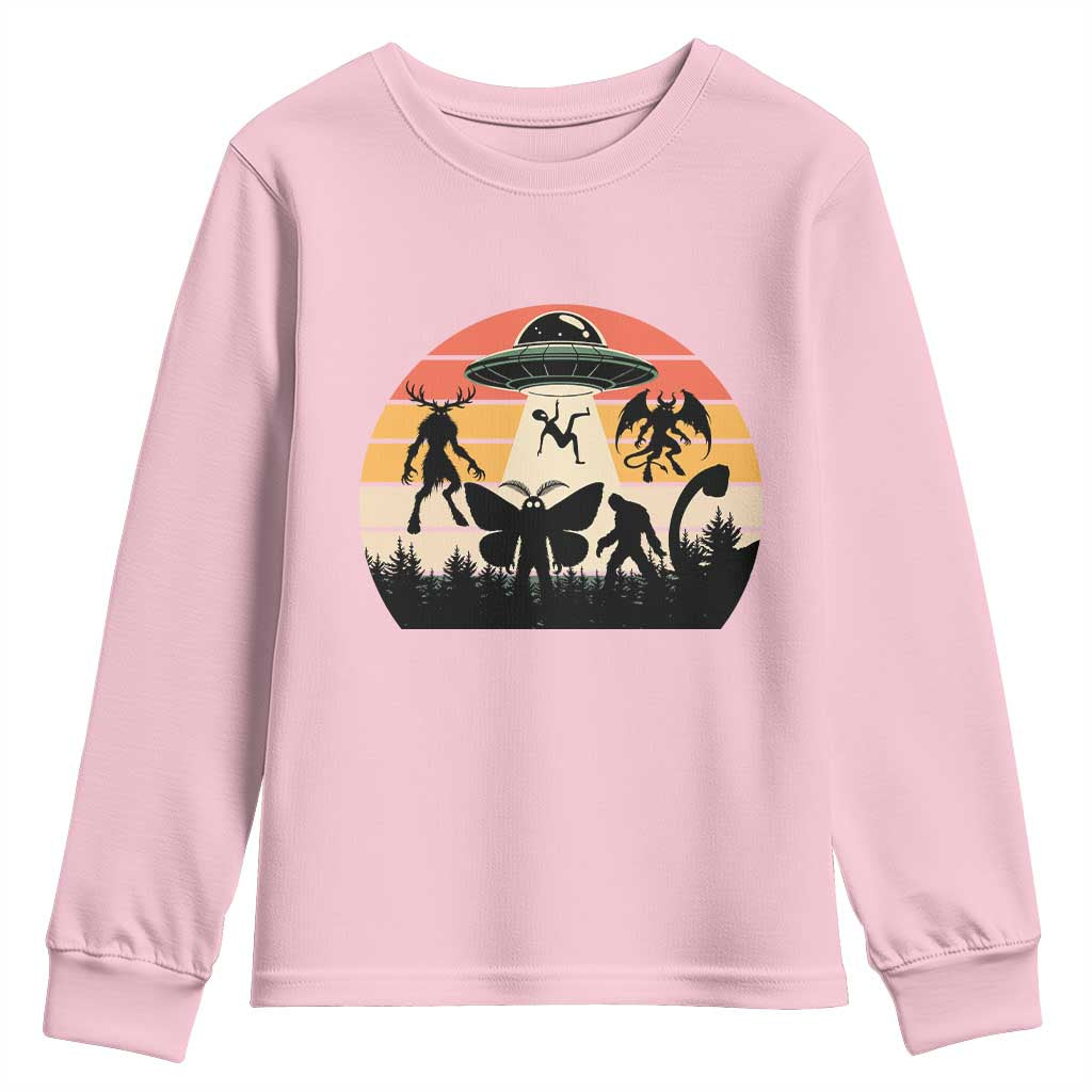 Retro Sunset Cryptid Squad Youth Sweatshirt Cryptid Lover Gift TS12 Light Pink Print Your Wear