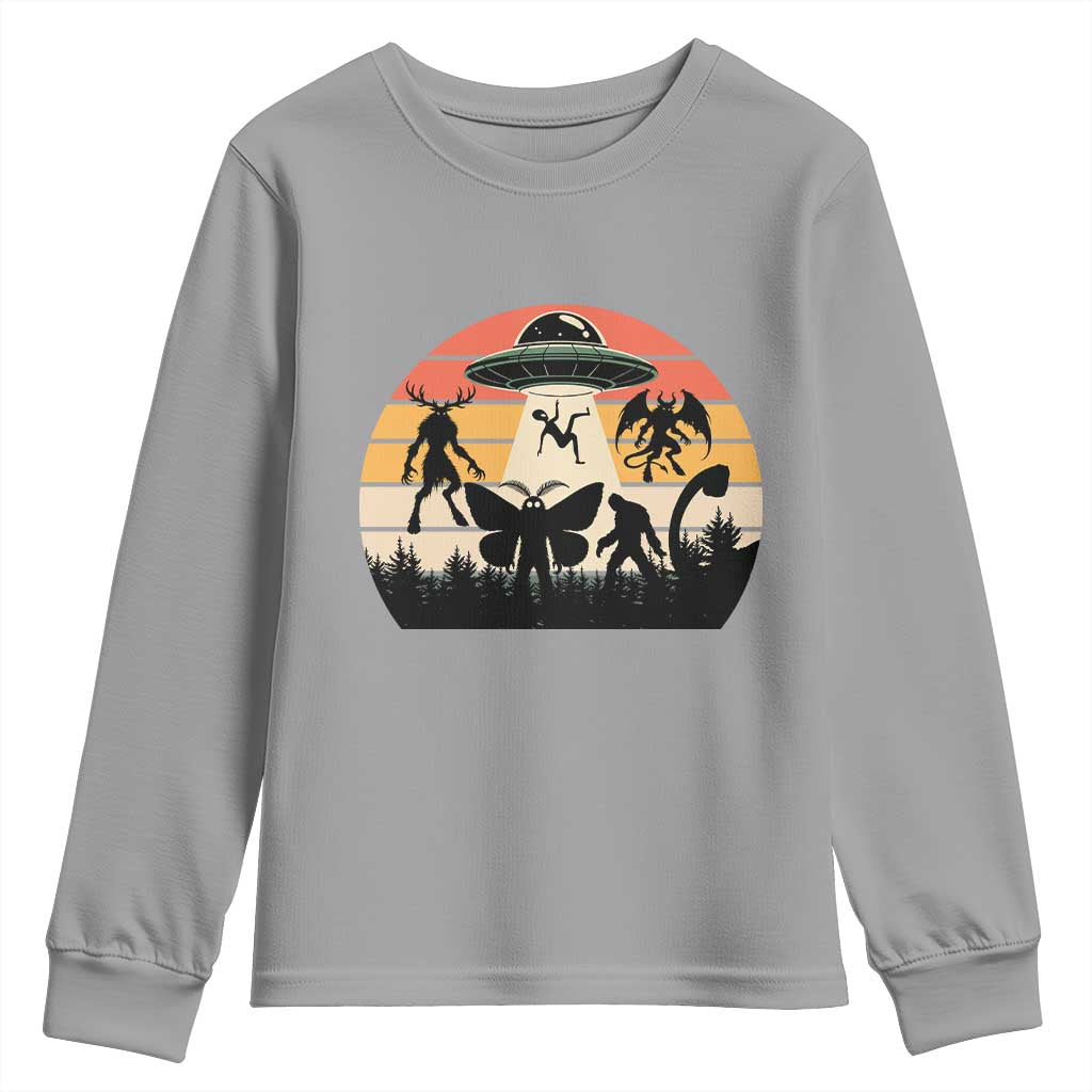 Retro Sunset Cryptid Squad Youth Sweatshirt Cryptid Lover Gift TS12 Sport Gray Print Your Wear