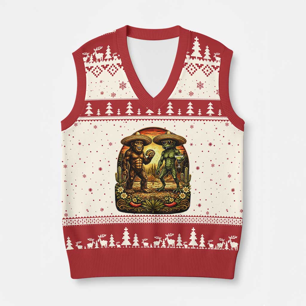 Funny Bigfoot Chupacabra Cinco De Mayo V-Neck Knit Sweater Vest Cryptid Lover Gift TS12 Beige Red Print Your Wear