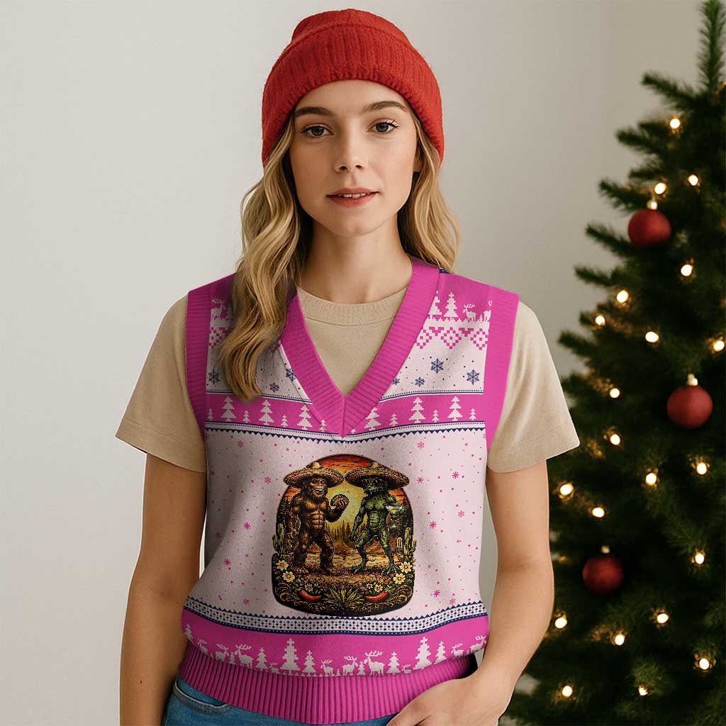 Funny Bigfoot Chupacabra Cinco De Mayo V-Neck Knit Sweater Vest Cryptid Lover Gift TS12 Hot Pink Print Your Wear