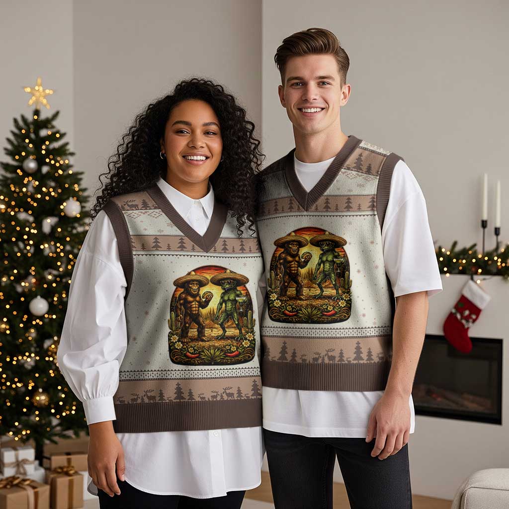 Funny Bigfoot Chupacabra Cinco De Mayo V-Neck Knit Sweater Vest Cryptid Lover Gift TS12 Mocha Mousse Print Your Wear