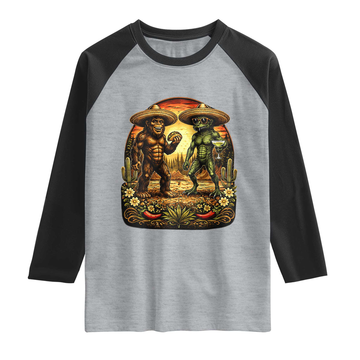 Funny Bigfoot Chupacabra Cinco De Mayo Raglan Shirt Cryptid Lover Gift TS12 Heather Gray Black Print Your Wear