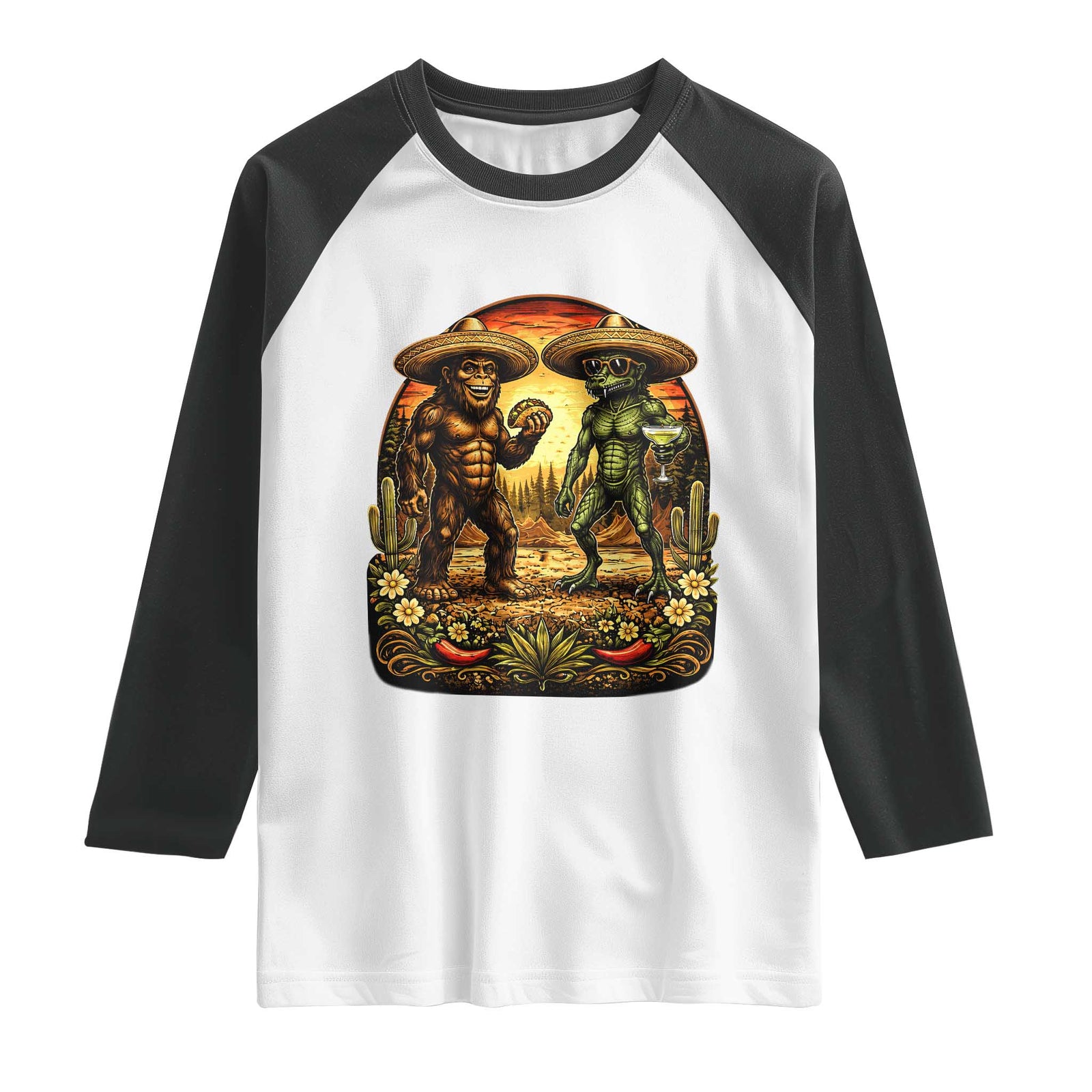 Funny Bigfoot Chupacabra Cinco De Mayo Raglan Shirt Cryptid Lover Gift TS12 White Black Print Your Wear