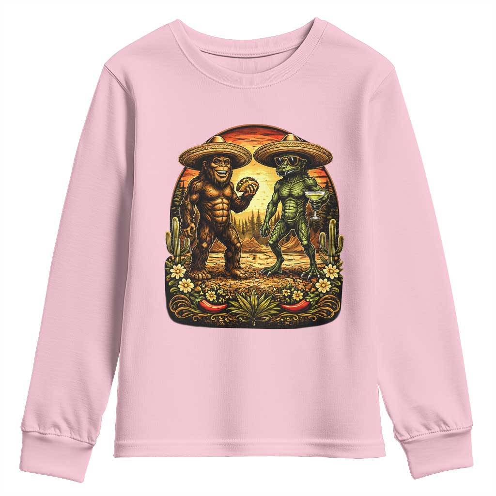Funny Bigfoot Chupacabra Cinco De Mayo Youth Sweatshirt Cryptid Lover Gift TS12 Light Pink Print Your Wear