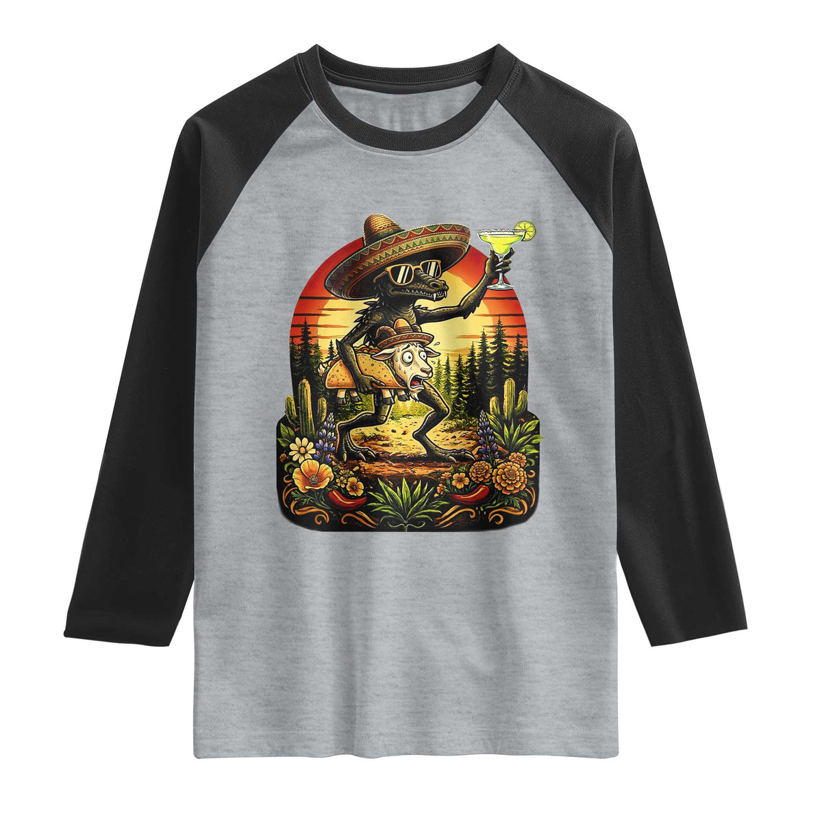 Funny Chupacabra Goat Taco Lover Raglan Shirt Cinco De Mayo Party Gift TS12 Heather Gray Black Print Your Wear