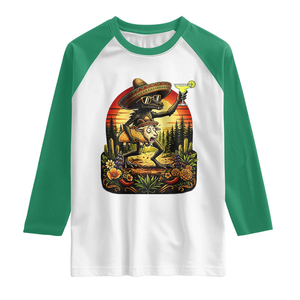 Funny Chupacabra Goat Taco Lover Raglan Shirt Cinco De Mayo Party Gift TS12 White Kelly Green Print Your Wear