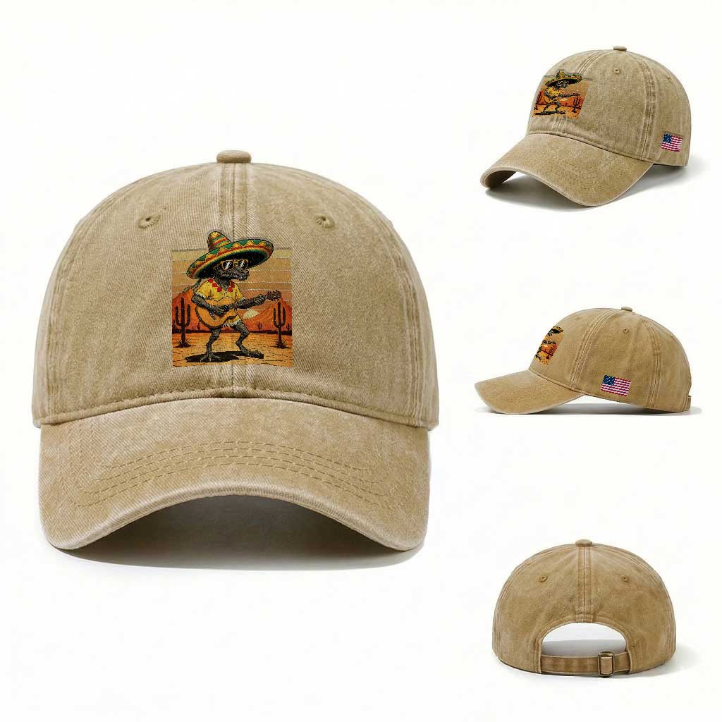 Funny Cinco De Mayo Chupacabra Washed Cotton Baseball Cap Guitar Fiesta Gift TS12 Washed Cap Universal Fit Khaki Print Your Wear
