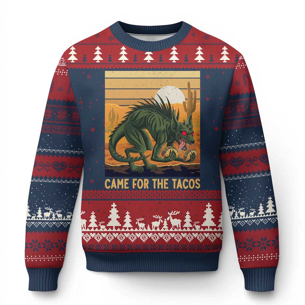 Funny Chupacabra Taco Lover Ugly Christmas Sweater Came For The Tacos TS12 Navy Red Print Your Wear
