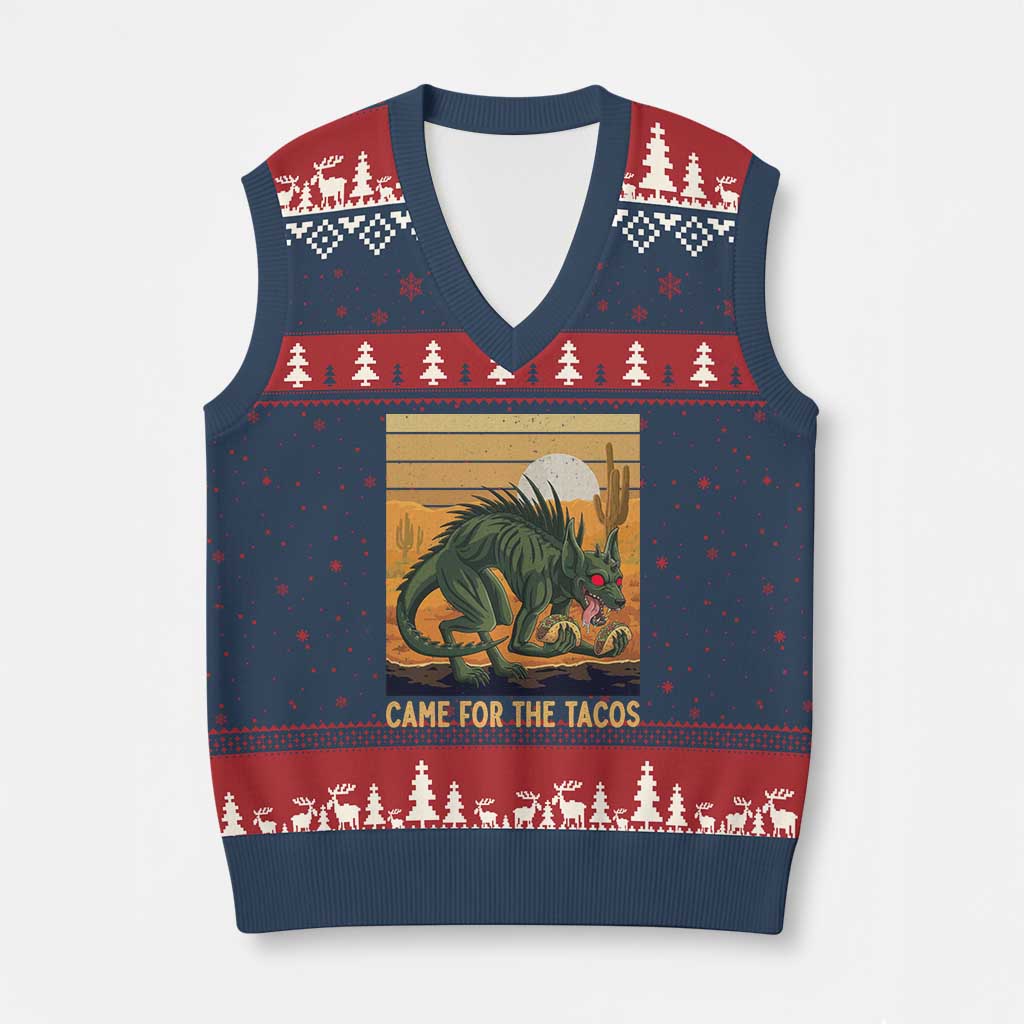 Funny Chupacabra Taco Lover V-Neck Knit Sweater Vest Came For The Tacos TS12 Navy Red Print Your Wear