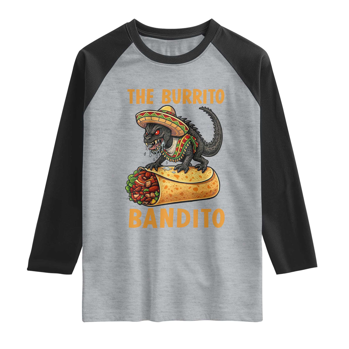 Funny Cinco De Mayo Chupacabra Raglan Shirt The Burrito Bandito TS12 Heather Gray Black Print Your Wear