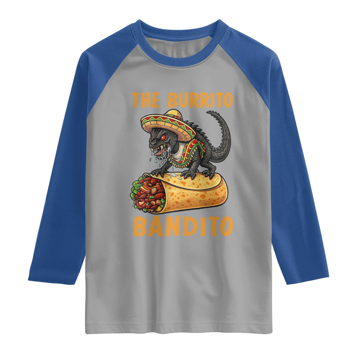 Funny Cinco De Mayo Chupacabra Raglan Shirt The Burrito Bandito TS12 Sport Gray Royal Print Your Wear