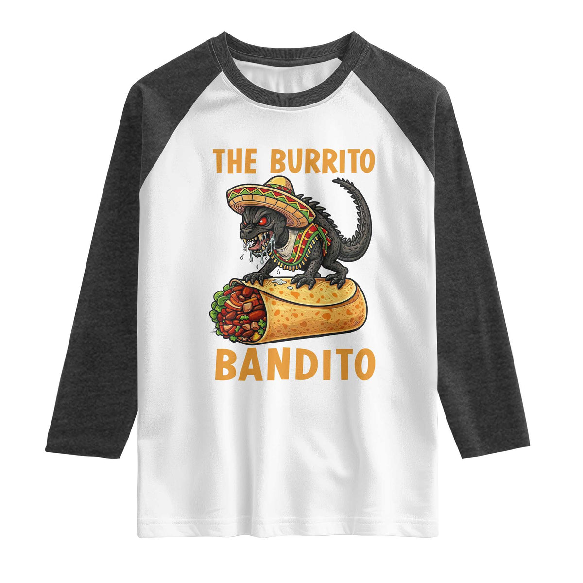 Funny Cinco De Mayo Chupacabra Raglan Shirt The Burrito Bandito TS12 White Heather Charcoal Print Your Wear