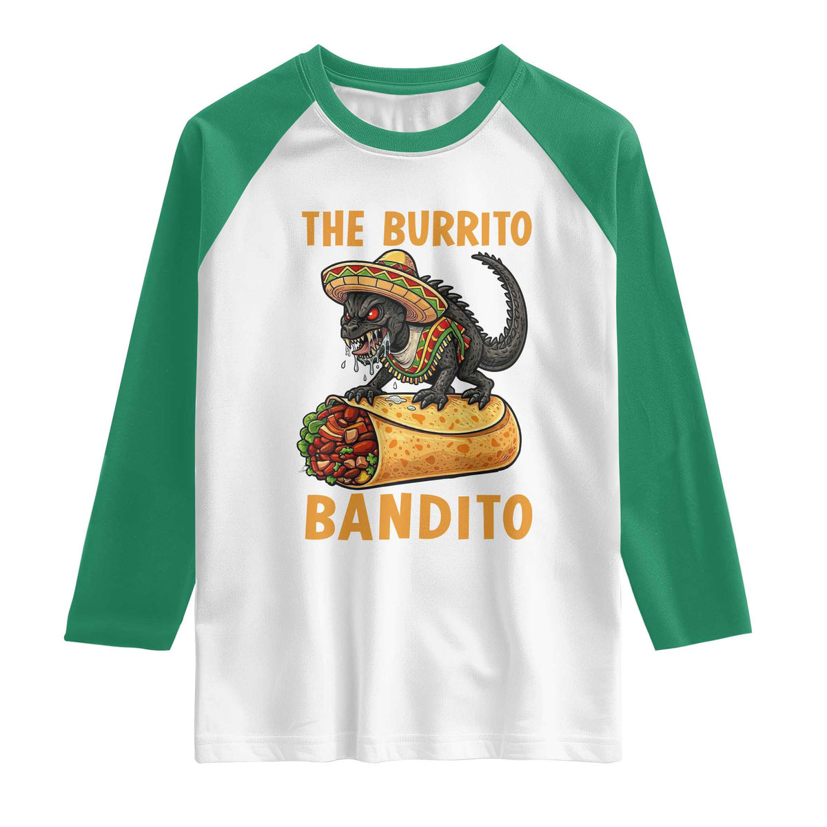 Funny Cinco De Mayo Chupacabra Raglan Shirt The Burrito Bandito TS12 White Kelly Green Print Your Wear