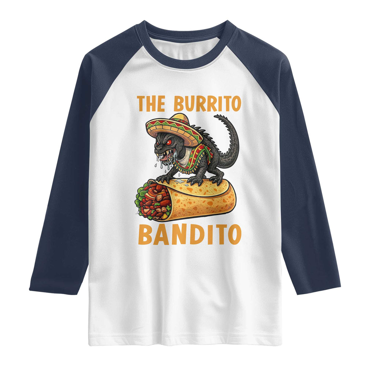 Funny Cinco De Mayo Chupacabra Raglan Shirt The Burrito Bandito TS12 White Navy Print Your Wear