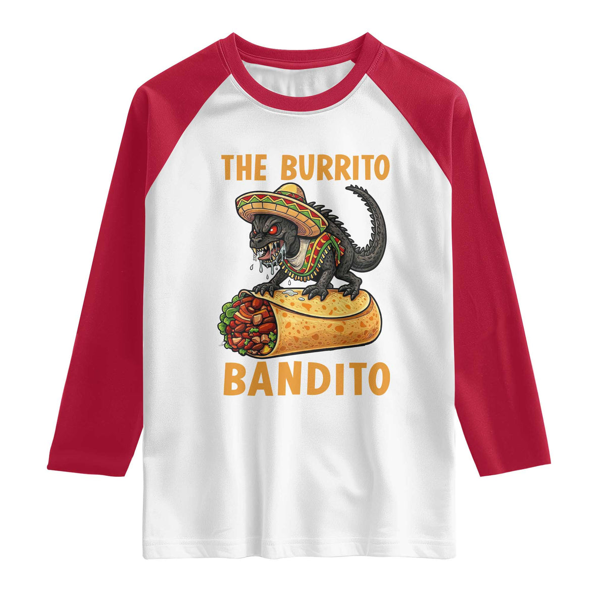 Funny Cinco De Mayo Chupacabra Raglan Shirt The Burrito Bandito TS12 White Red Print Your Wear
