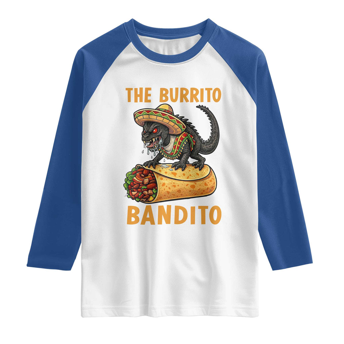 Funny Cinco De Mayo Chupacabra Raglan Shirt The Burrito Bandito TS12 White Royal Print Your Wear
