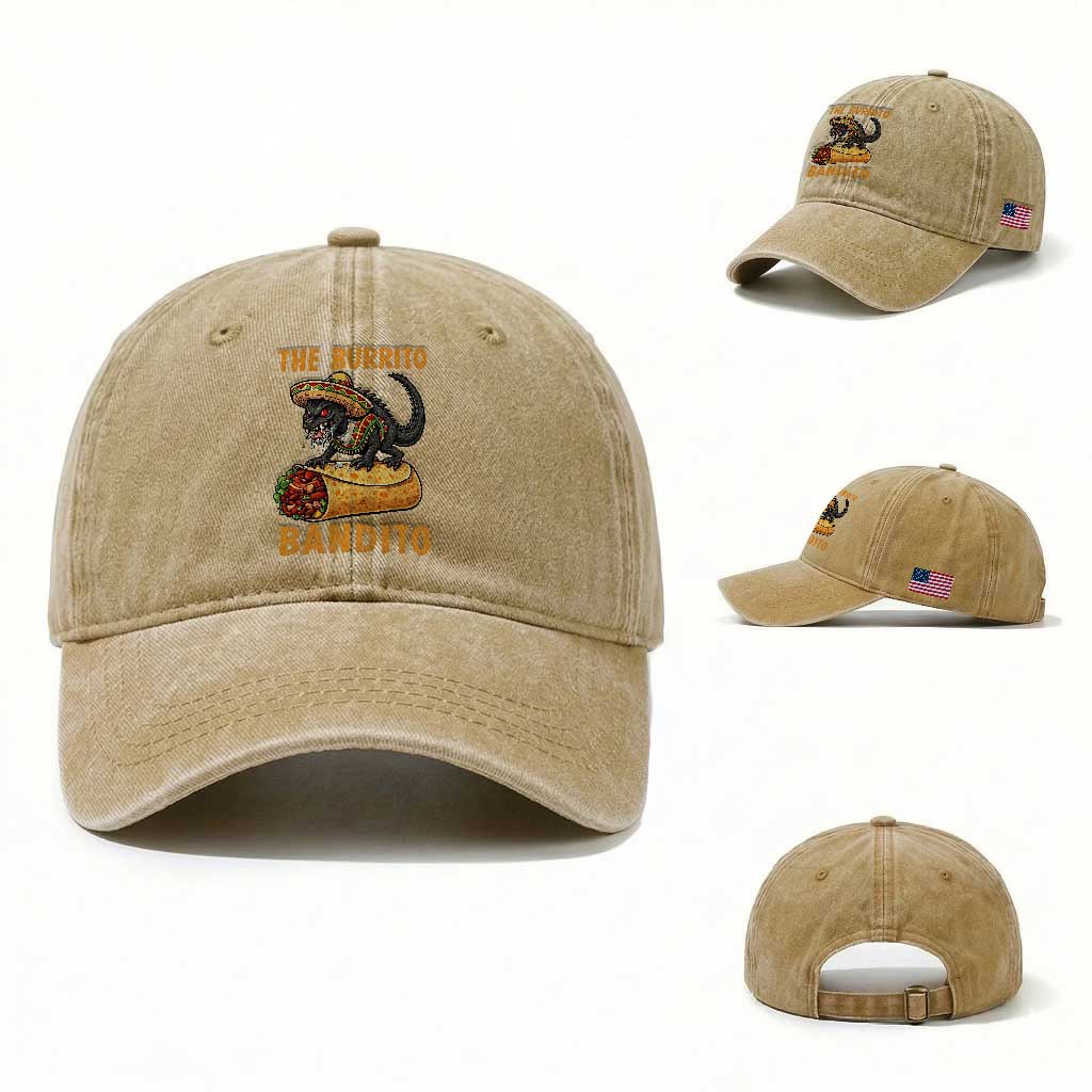 Funny Cinco De Mayo Chupacabra Washed Cotton Baseball Cap The Burrito Bandito TS12 Washed Cap Universal Fit Khaki Print Your Wear