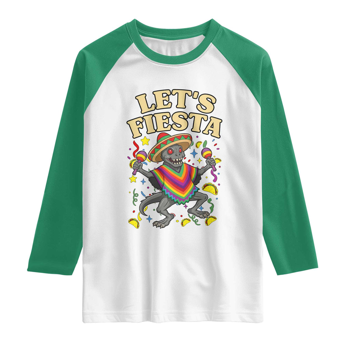 Funny Chupacabra Lets Fiesta Raglan Shirt Cinco De Mayo Gift TS12 White Kelly Green Print Your Wear