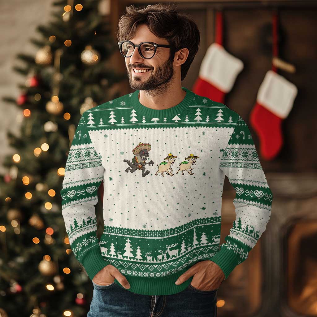 Funny Mexican Fiesta Gift Ugly Christmas Sweater Chupacabra Chasing Taco Goat TS12 Beige Green Print Your Wear