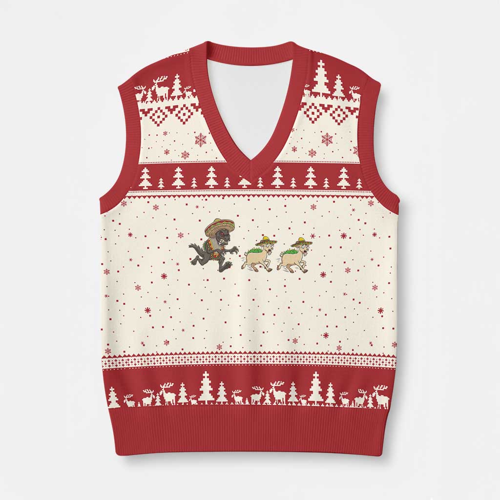 Funny Mexican Fiesta Gift V-Neck Knit Sweater Vest Chupacabra Chasing Taco Goat TS12 Beige Red Print Your Wear