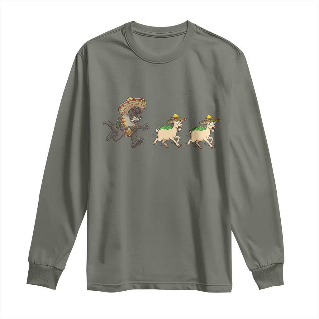 Funny Mexican Fiesta Gift Long Sleeve Shirt Chupacabra Chasing Taco Goat TS12 Military Green Print Your Wear