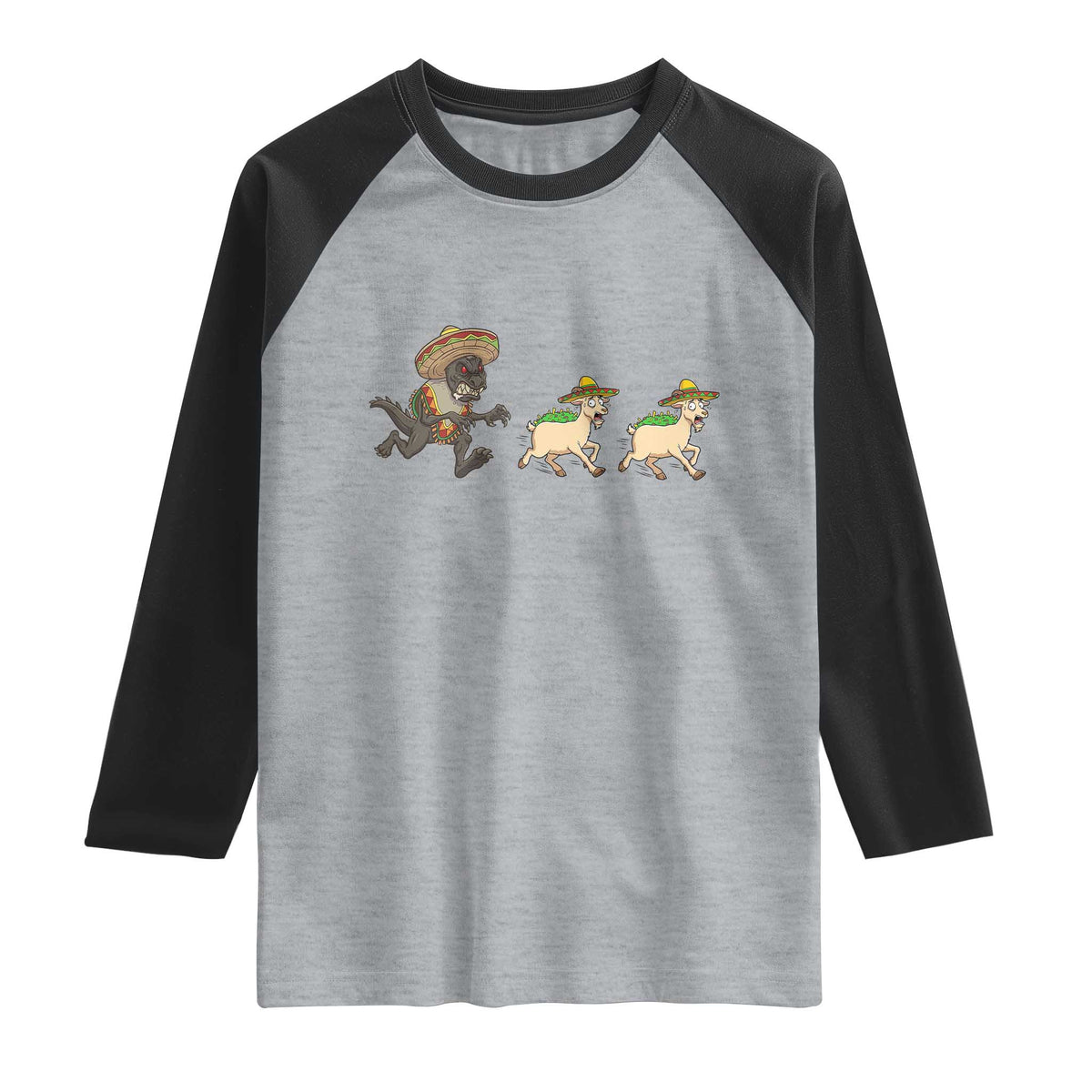 Funny Mexican Fiesta Gift Raglan Shirt Chupacabra Chasing Taco Goat TS12 Heather Gray Black Print Your Wear