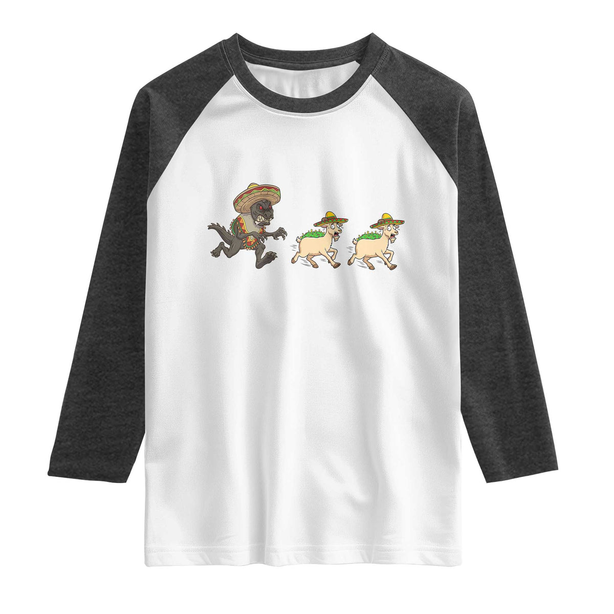 Funny Mexican Fiesta Gift Raglan Shirt Chupacabra Chasing Taco Goat TS12 White Heather Charcoal Print Your Wear