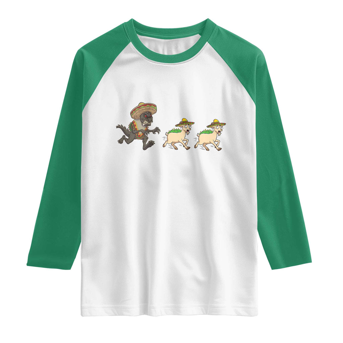 Funny Mexican Fiesta Gift Raglan Shirt Chupacabra Chasing Taco Goat TS12 White Kelly Green Print Your Wear