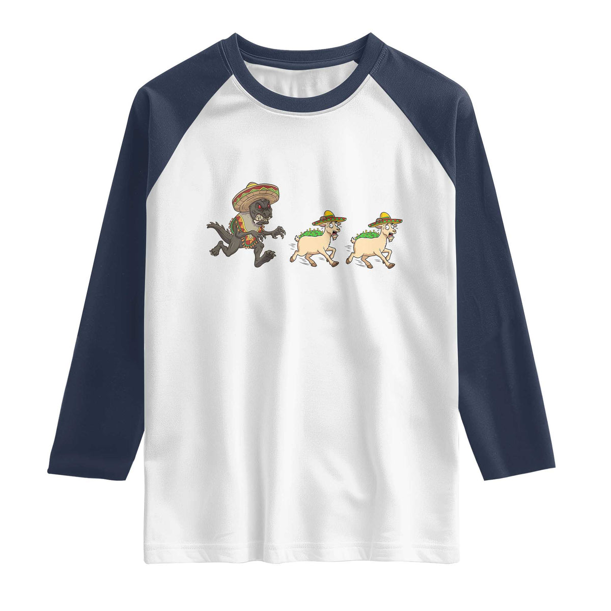 Funny Mexican Fiesta Gift Raglan Shirt Chupacabra Chasing Taco Goat TS12 White Navy Print Your Wear